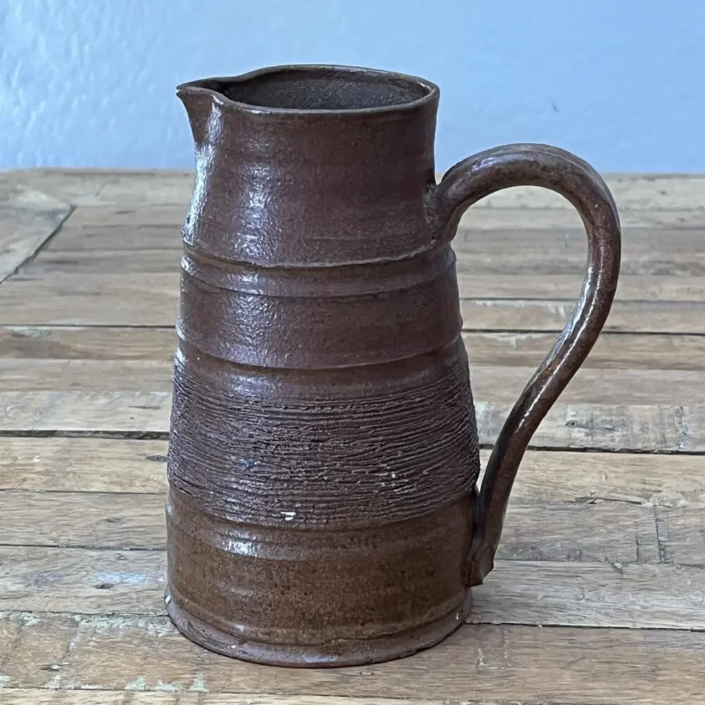 Vintage Ceramic Pitcher Stoneware 6.5 in Ridged Handmade Pour Spout